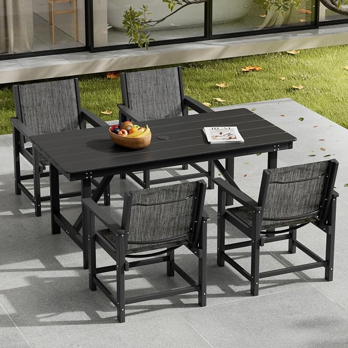 HDPE Outdoor Dining Set for 4, All-Weather Patio Furniture Table and Chair Sets with Umbrella Hole Outdoor Dining Table Sets of 4 Textilene Fabric Patio Chairs for Backyard, Poolside, Garden,Deck