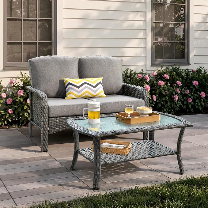 2-Piece Patio Furniture Set, Outdoor Wicker Furniture with Coffee Table, All Weather High Back Loveseat Patio Chairs, Modern Rattan Outdoor Chairs Conversation Set for Porch, Balcony, Garden,Dark Gray