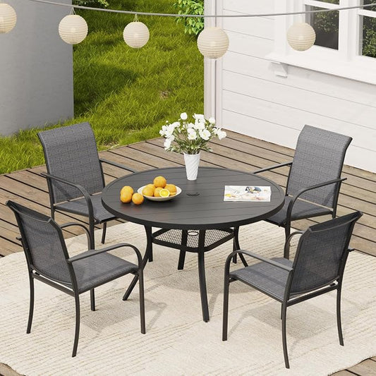 VICLLAX Round Outdoor Dining Set, Patio Table and Chairs Set Set of 4 Patio Stackable Chairs and 40.6" Outdoor Round Table with Umbrella Hole for Backyard Lawn Garden, Dark Grey Chairs and Black Table