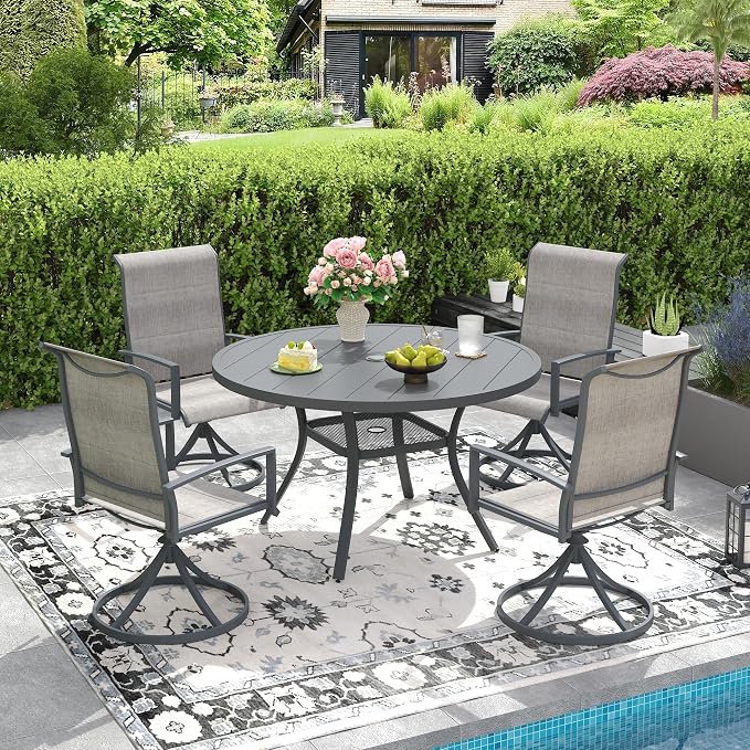 DIFY Outdoor Dining Table for 4, Round Patio Table with Umbrella Hole for Garden, Backyard and Porch (Dark Grey)