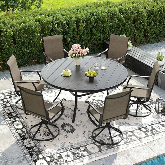DIFY Outdoor Dining Set for 6, 7 Piece Patio Table and Chairs Set, Swivel Patio Dining Chairs with Brown Textilene & 50" Black Round Metal Dining Table with Umbrella Hole, for Garden Backyard Deck
