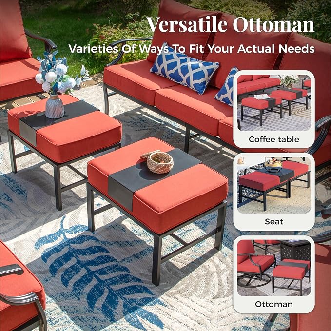 MIXPATIO Patio Furniture Set 6 pcs, Outdoor Patio Furniture, 3-Seat Sofa, 2 Rocking Chairs, 2 Ottomans, Coffee Table and 5.75" Extra Thick Cushion, Conversation Set for Backyard Deck, Red