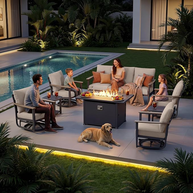 Aluminum Outdoor Patio Furniture Set with Swivel Rocking Chairs 7-Seat, Patio Sectional Sofa Patio Conversation Set with 55,000 BTU Fire Pit Table & High Backrest, Sand