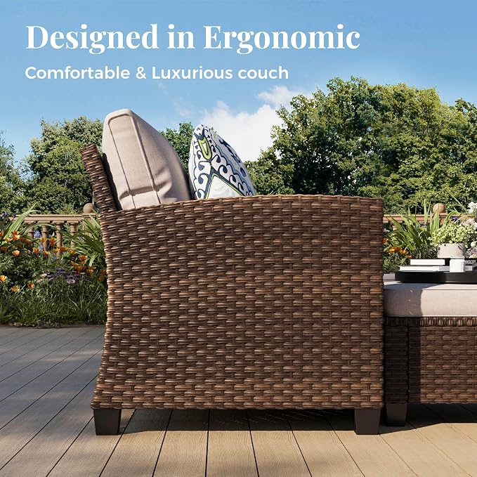 MIXPATIO Patio Furniture Set, 8 Pcs Wicker Rattan Outdoor Conversation Set, 4 x Leg Chairs, 1 x 3 Seater Sofa and 2 x Ottomans with 4" Thick Cushion and 32" Fire Pit Table, Beige
