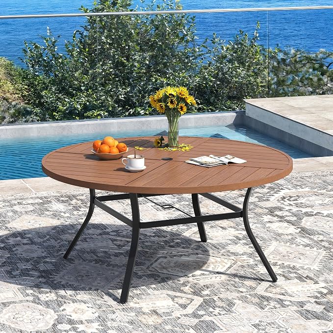 DIFY Patio Table and Chairs Set for 6, 7 Piece Outdoor Dining Set, 53.1" Walnut Round Metal Dining Table with Umbrella Hole and 6 Brown Textilene Swivel Patio Chairs, for Garden Backyard Deck