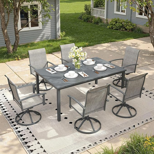 7 Pieces Patio Dining Set, Outdoor Furniture of 63" Rectangular Patio Table and Patio Swivel Chairs for Backyard Lawn Garden, Dark Grey Table and Grey Chairs