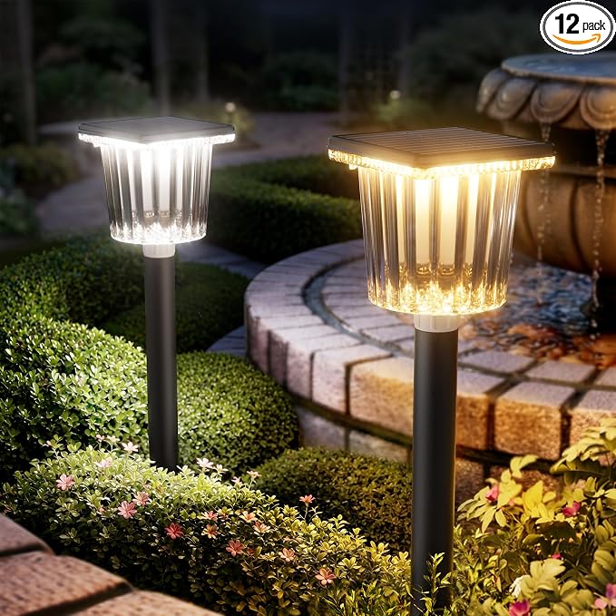 12-Pack Super Bright Solar Pathway Lights Outdoor Powered,Adjustable Warm&Cool White,Waterproof IP65 Solar Garden Decor Landscape Lighting Outside for Front Yard/Patio/Walkway/Driveway/Lawn/Path Light