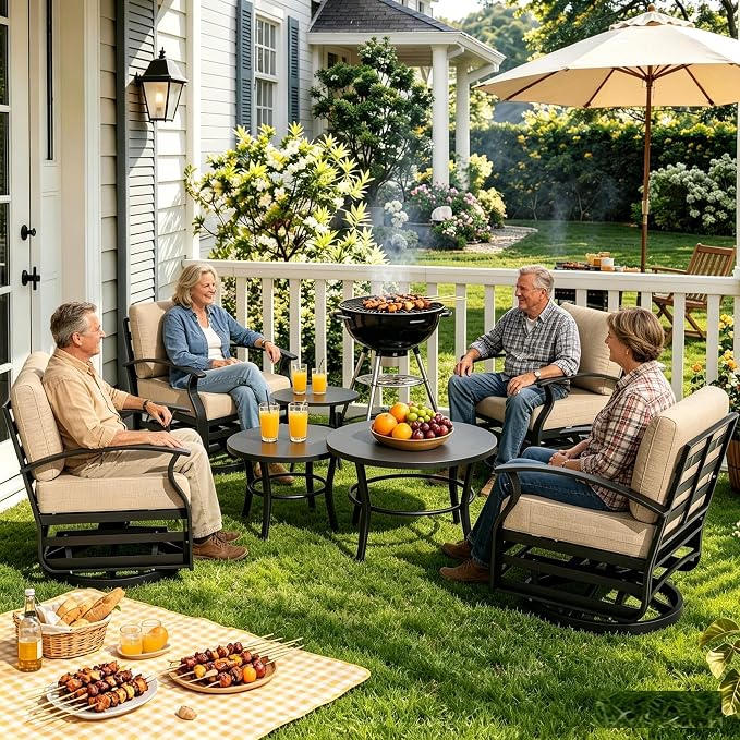 Gotland 6 Piece Patio Set, Aluminum Outdoor Swivel Chairs Set with Round Table 5.1’’ High-Resilience Seat Cushions 29.5" Deep Seating, Metal Patio Furniture Set Patio Conversation Sets, Khaki
