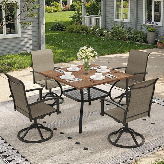 5 Pieces Patio Dining Set, Outdoor Furniture of 37.8" Square Patio Table and Patio Swivel Chairs for Backyard Lawn Garden, Walnut Table and Mixed Brown Chairs