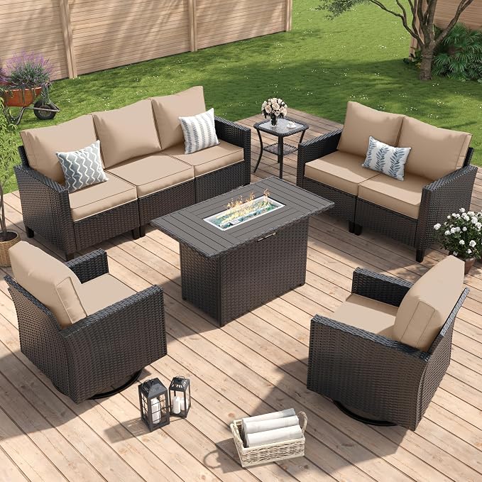 Amopatio Patio Furniture Set with Fire Pit Table, Wicker Outdoor Sectional Sofa with Swivel Rocker Chairs, All-Weather Rattan Conversation Set, Waterproof Cover for Backyard, Deck Black/Khak 6 PCS