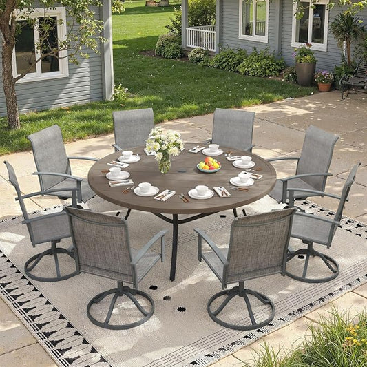9 Pieces Round Patio Dining Set, Outdoor Furniture of 60" Round Patio Table and Patio Swivel Chairs for Backyard Lawn Garden, Grey Table and Grey Chairs