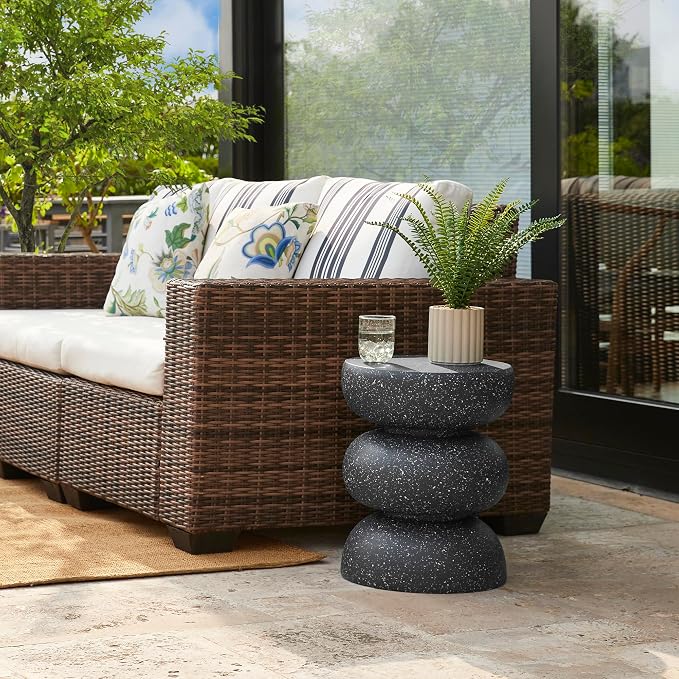 Glitzhome Outdoor Side Table, Round Small End Table with Black Geometric Terrazzo Finish MGO Hourglass Garden Stool, Set of 2 Decorative Accent Table for Living Room Planter Stand Backyard Patio Porch