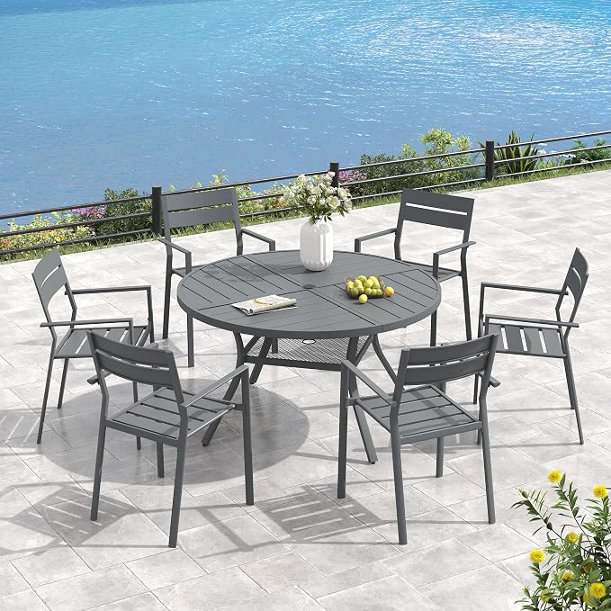 VICLLAX 47.2" Round Outdoor Table, Patio Dining Table for 6 with Umbrella Hole for Garden Lawn Deck Backyard, Dark Grey