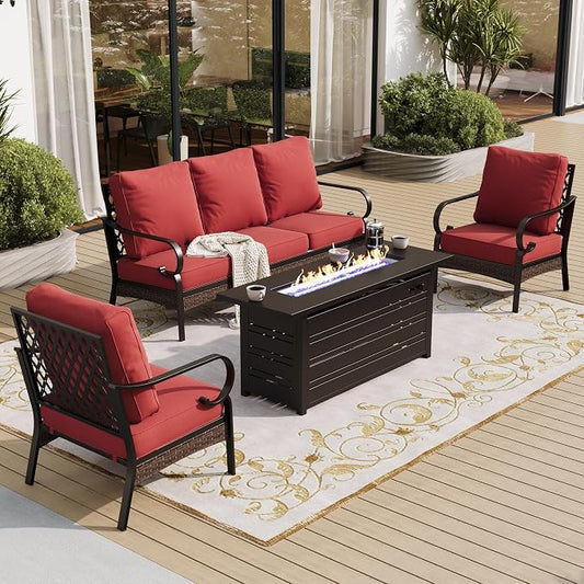 SUNSHINE VALLEY 4 Piece Black Metal Outdoor Patio Furniture Sets with Firepit Table, Patio Conversation Sets 1 3-Seater Sofa, 2 Chairs with 5.75" Thick Cushion Backyard Furniture for Deck, Rust Red