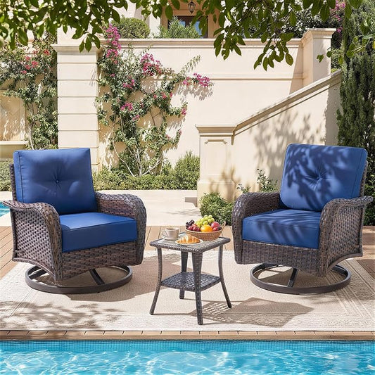 Outdoor Patio Swivel Rocker Chairs Set of 2 with Table, All-Weather Wicker Rattan Patio Furniture Set with 6-Inch Thick Cushions, Conversation Seating for Porch Backyard Deck (Navy Blue,3 PCS)