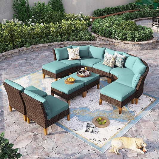 Sophia & William Outdoor Wicker Sectional Sofa Set, 11 Piece Half Moon Curved Patio Furniture Modern Round Outdoor Couch Conversation Set with Ottoman for Backyard, Pool, Garden(Aqua Blue)