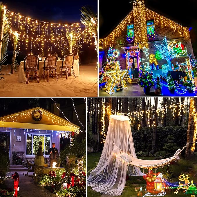 33ft 400 LED Icicle Lights for Outside Warm White Christmas Lights Outdoor | Plug in Connectable Twinkle Lights 8 Modes Timer Waterproof for House Patio Eaves Window Party Indoor Holiday Xmas Decoration