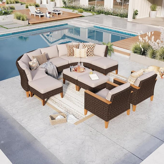 GREEN PARTY 11 Pieces Wicker Patio Furniture Set, All-Weather Outdoor Rattan Half-Moon Curved Patio Sectional Sofa Conversation Set 11 Seats for Garden, Backyard, 2 x Ottomans