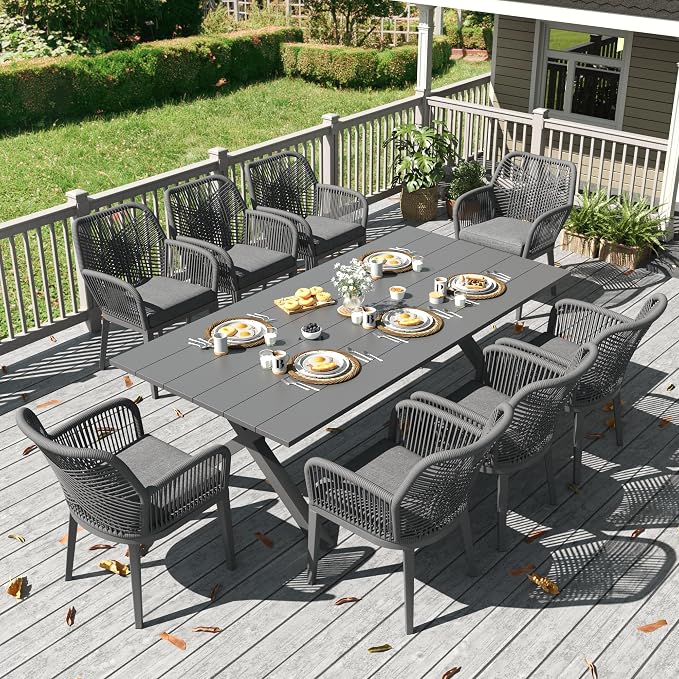 LayinSun Outdoor Dining Set for 8, 9 Pieces Patio Furniture Sets with Aluminum Dining Table and Rope Weave Chairs