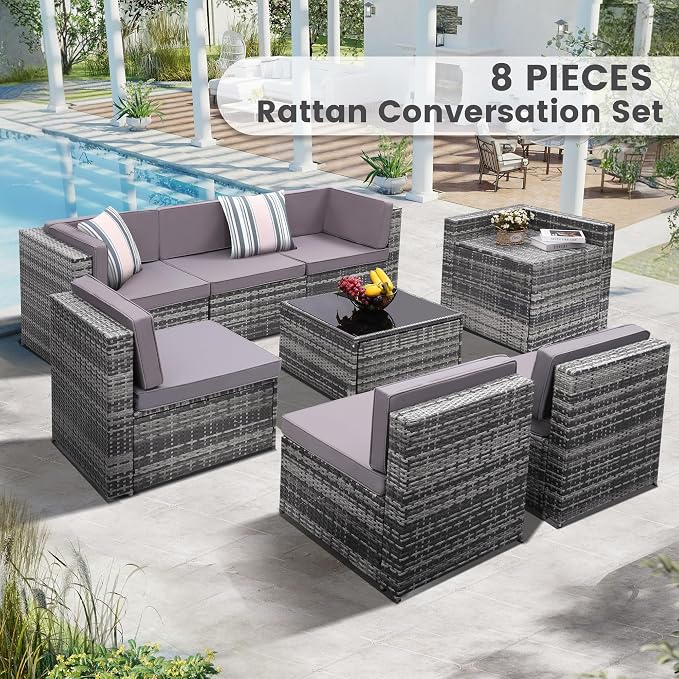 KROFEM 8 Piece Patio Furniture Set, Outdoor Modular Conversation Set, Grey | UV Treated Wickers, Machine Washable Cushions, Seats 6, 2 Hidden Storage Compartments, Rustproof Frame, Waterproof