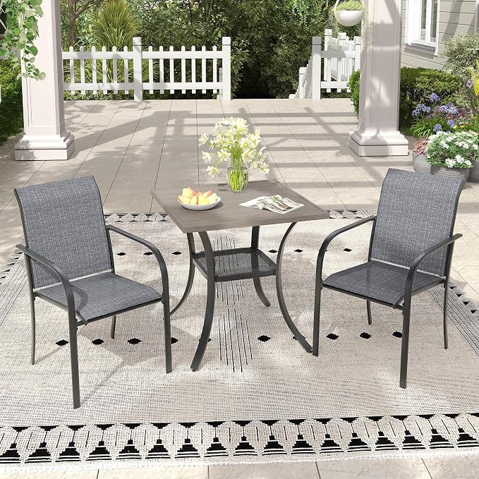 3 Pieces Outdoor Dining Set, Stackable Textilene Paito Chairs & 27.5" Square Dining Table with Shelf, Patio Dining Set for Backyard, Deck, Garden, Grey