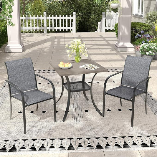 3 Pieces Outdoor Dining Set, Stackable Textilene Paito Chairs & 27.5" Square Dining Table with Shelf, Patio Dining Set for Backyard, Deck, Garden, Grey