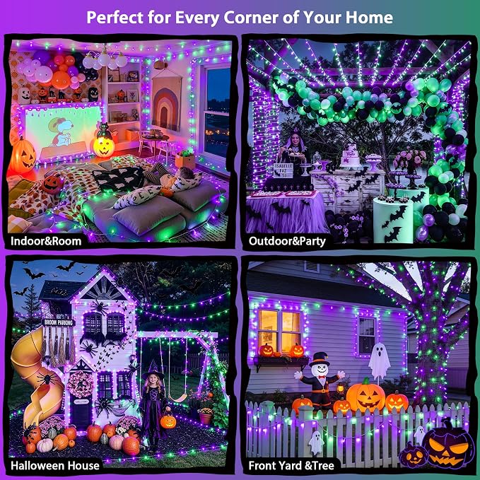 JMEXSUSS 600 LED Purple Green String Lights Plug in Indoor Outdoor | Lights for Halloween Decor, Clear Wire, Remote Control, 168 FT, for Fall Halloween Tree Fireplace Party Patio Gaeden