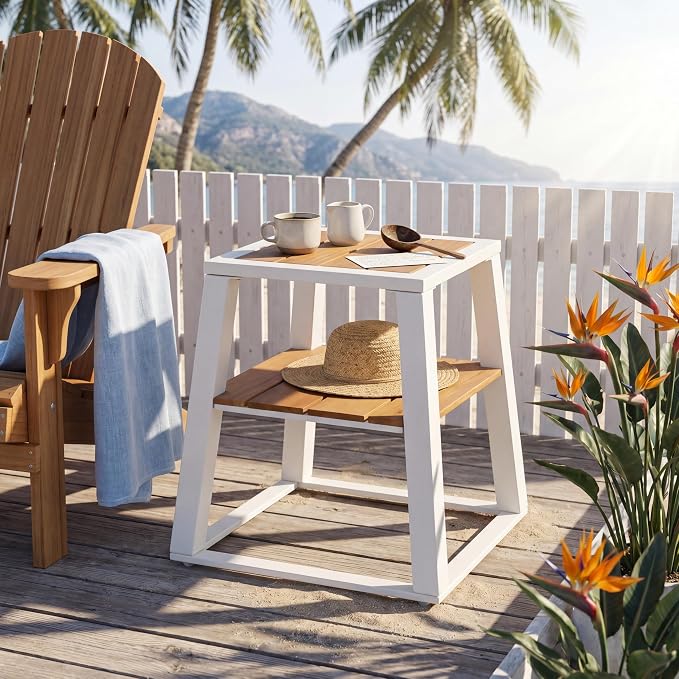 Christopher Knight Home Tova 2-Tier Acacia Wood Outdoor Side Table, Decorative Square Small Accent Table with Slatted Design, Weather Resistant Patio End Table with Iron Frame for Balcony, Teak+White