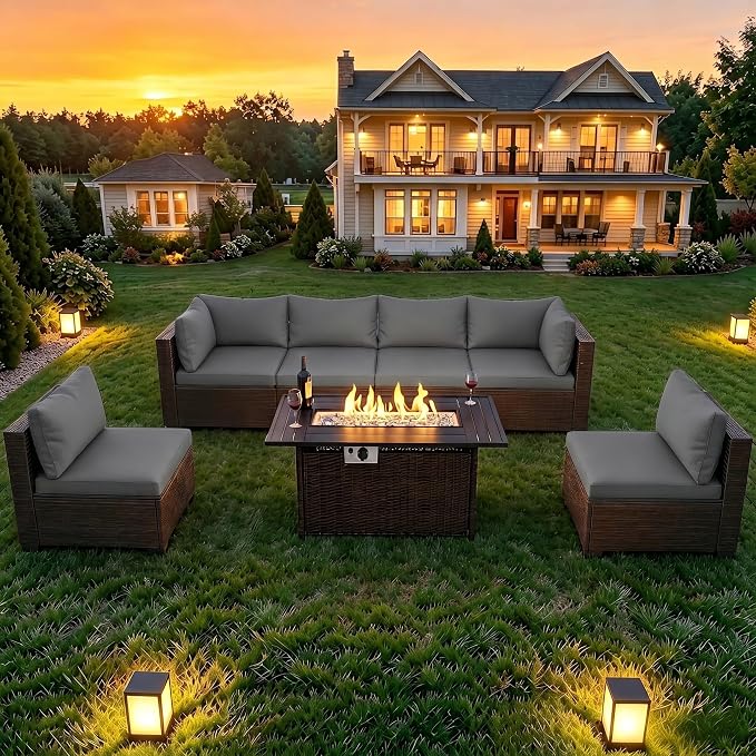 LEVELEVE 8-Piece Wicker Patio Conversation Set with 44" Propane Fire Pit Table, Cozy Outdoor Sectional Sofa for Backyard Gatherings, Poolside Lounging & Garden Parties