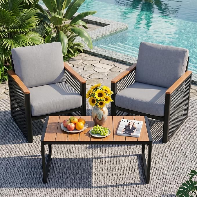 NATURAL EXPRESSIONS Aluminum 3-Piece Patio Bistro Set, Outdoor Furniture Set with 2 Armchairs and 1 Table, Fauxwood Armrest, 6" Olefin Cushion, Rattan Side-armrest for Porch, Yard, Balcony, Deck