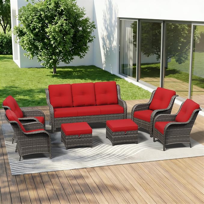 7 Piece Outdoor Wicker Patio Furniture Set, Patio Chairs Set with Thickened Olefin Cushions, High Back and Deep Seating, Hand-Woven PE Rattan, Ottoman for Porch, Deck