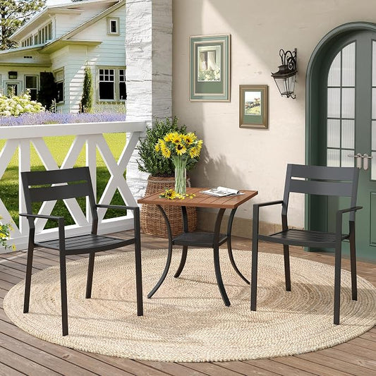 DIFY 3 Pieces Outdoor Patio Dining Set for 2, 27.6" Small Walnut Square Metal Dining Table and 2 Black Patio Stackable Chairs with Metal Frame, Outdoor Table and Chairs for Garden Porch