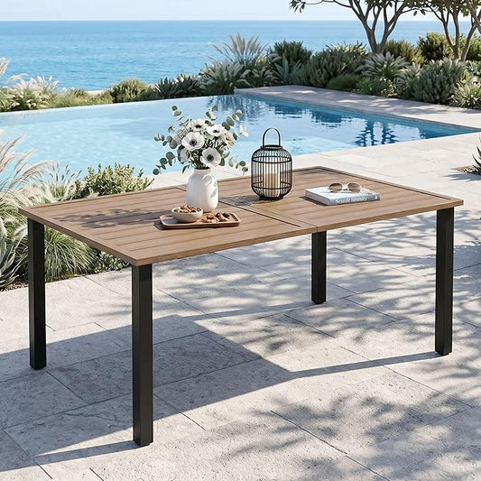 MIXPATIO Outdoor Patio Dining Table for 6, 60" x 36" Rectangular Metal Patio Dining Table with Umbrella Hole and Wood-Like Tabletop, All Weather Wrought Iron Outdoor Table for Backyard and Porch