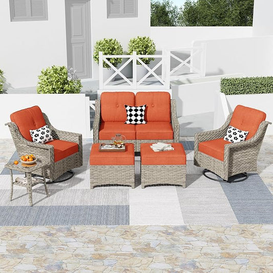 HOOOWOOO 6 Piece Patio Furniture Conversation Sets with Swivel Rocking Chairs,Outdoor Wicker Furniture with Ottoman,All Weather Resistant High Back Rattan Conversational Set(Red)