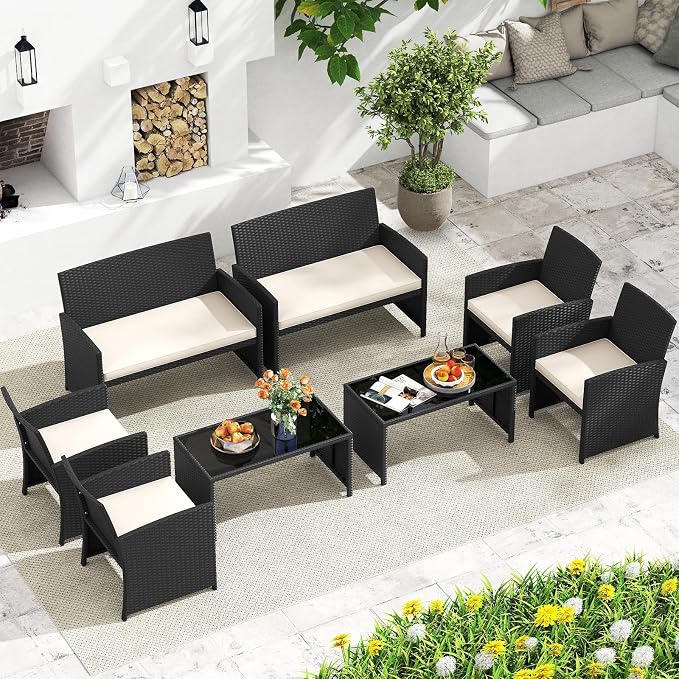HAPPYGRILL 4 Piece Rattan Wicker Patio Conversation Set, Outdoor Furniture with Chair Loveseat Table & Cushion, for Backyard Porch Balcony (2, Black & Off White)