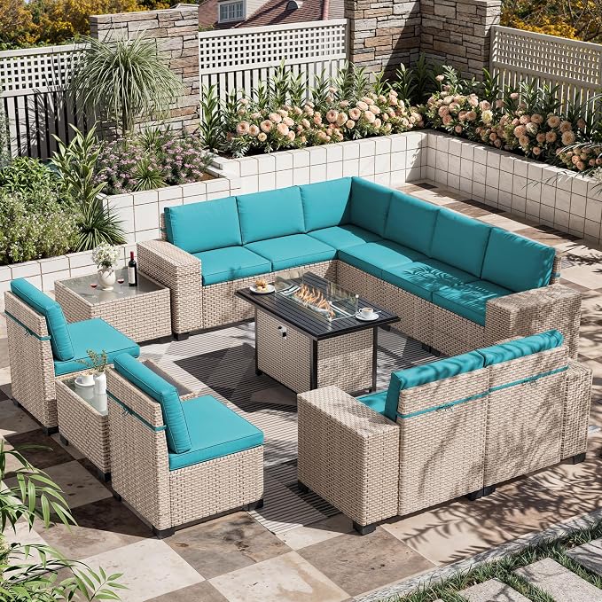 13 Pieces Patio Furniture Set with Fire Pit Table, Outdoor Sectional Wicker Sofa with Thickened Cushions and Coffee Table, High Back Rattan Patio Conversation Sets, Cyan