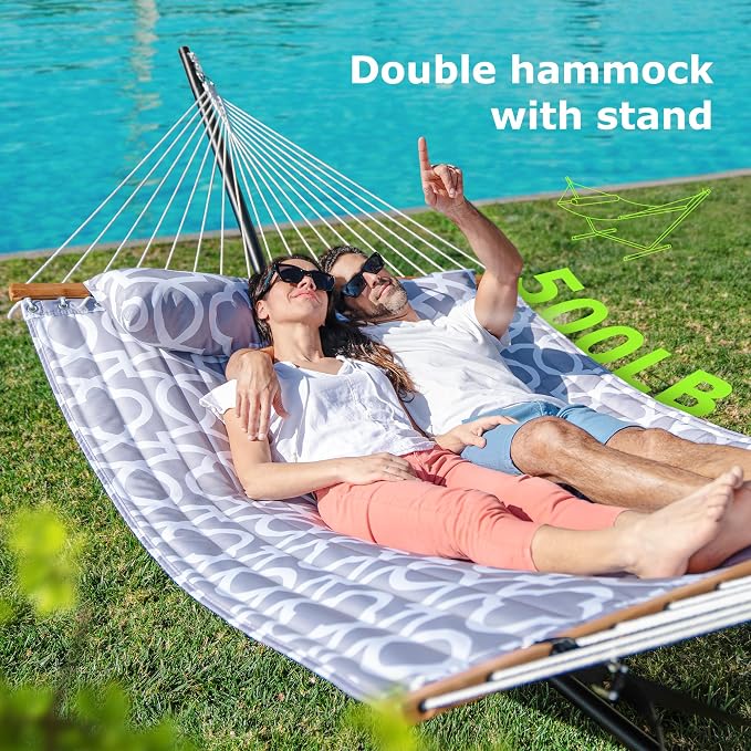 ANAGOO Double Hammock with Stand, Heavy Duty Outdoor Hammock for Two, 500 LBS Capacity, Stable Steel Frame with Balance Strap, Easy Tool-Free Assembly for Patio, Garden, Backyard & Beach,Round Gray