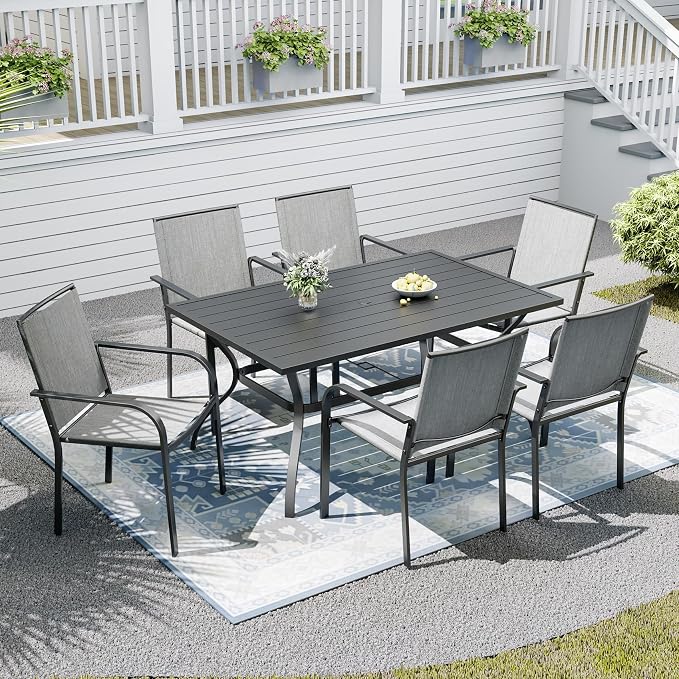 Patio Dining Set,Including 60"x 38" Steel Slat Dining Table and 6 Stackable Patio Chairs,Outdoor Furniture Set with 1.6" Umbrella Hole for All Weather