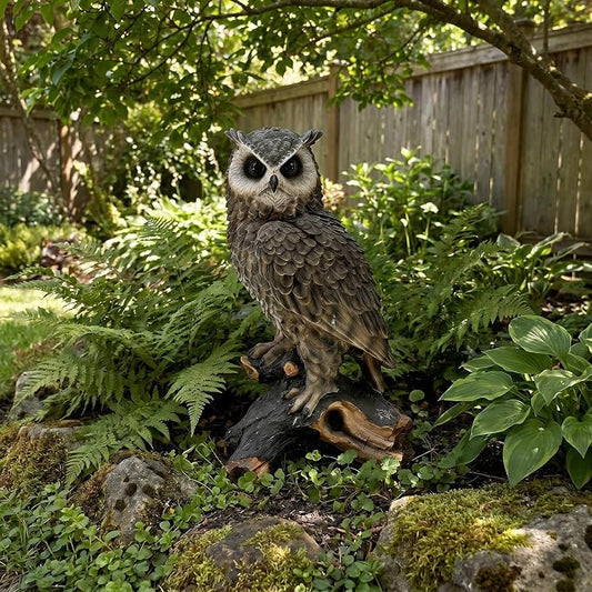18.98" Hand-Painted Resin Owl Garden Statue | Lifelike Woodland Animal Figurine, Durable Yard Sculpture, Branch Base, Outdoor Patio, Lawn & Nature Decor