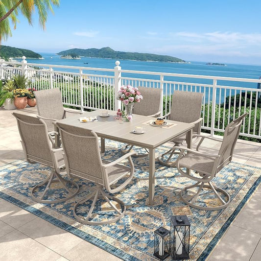 Outdoor Dining Set for 6, 63" Metal Outdoor Dining Table with Umbrella Hole and Sling Patio Swivel Chairs, 7 Pieces Patio Table and Chairs Set for Garden Backyard, Sandshell