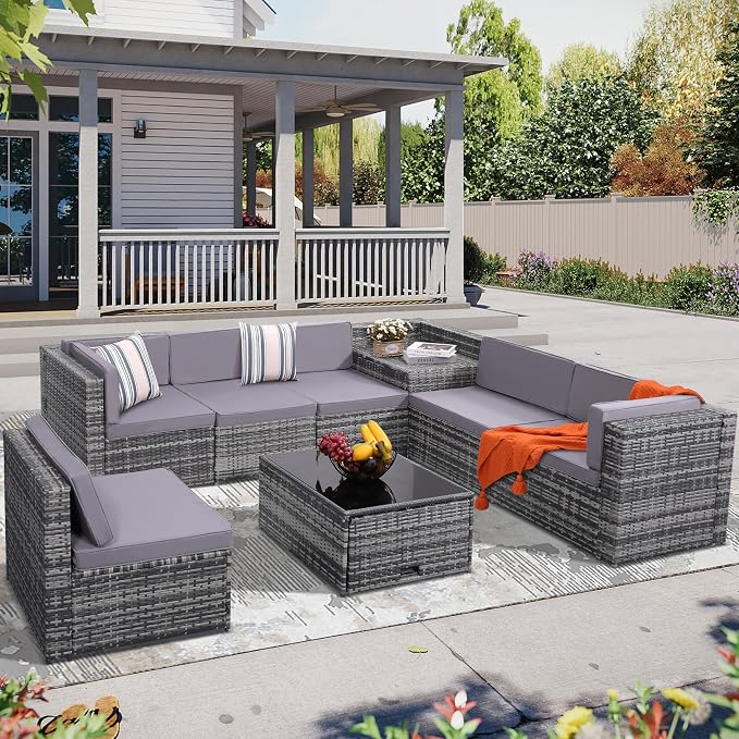 KROFEM 8 Piece Patio Furniture Set, Outdoor Modular Conversation Set, Grey | UV Treated Wickers, Machine Washable Cushions, Seats 6, 2 Hidden Storage Compartments, Rustproof Frame, Waterproof
