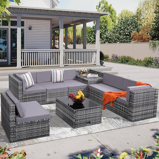 KROFEM 8 Piece Patio Furniture Set, Outdoor Modular Conversation Set, Grey | UV Treated Wickers, Machine Washable Cushions, Seats 6, 2 Hidden Storage Compartments, Rustproof Frame, Waterproof