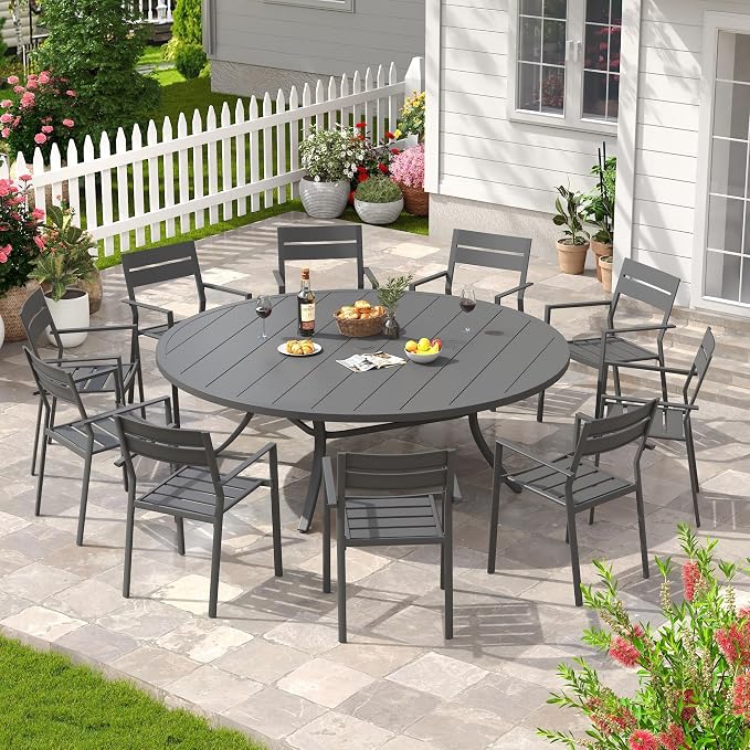 Patio Dining Table for 8-10, Round Metal Outdoor Table with 1.57" Umbrella Hole, 63" Outdoor Slat Tabletop Dining Table for Backyard, Porch, Lawn, Dark Grey