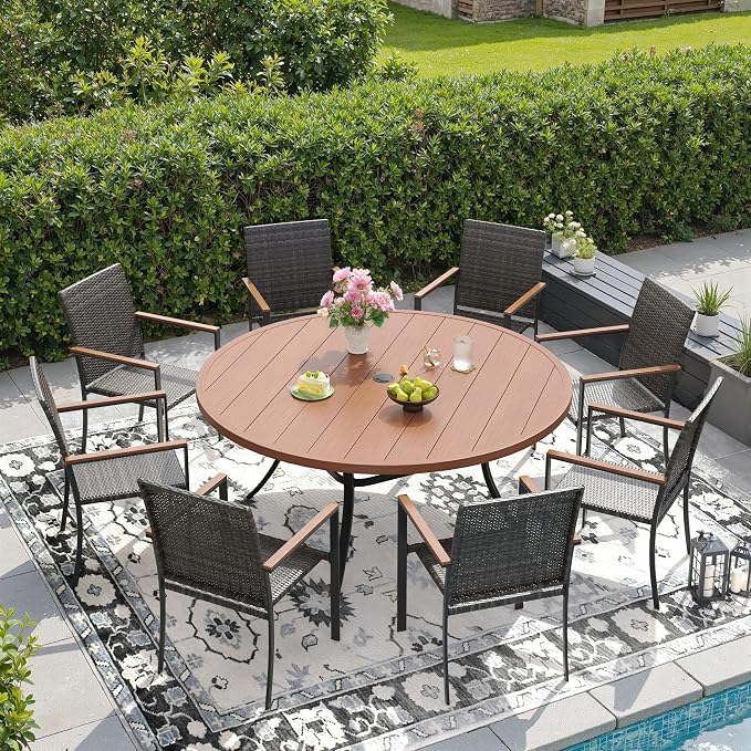 DIFY 9 Piece Patio Dining Set, Metal Outdoor Table and Chairs Set for 8, 53" Round Walnut Dining Table with Umbrella Hole & Wicker Stackable Patio Chairs, Patio Furniture Set for Garden Backyard