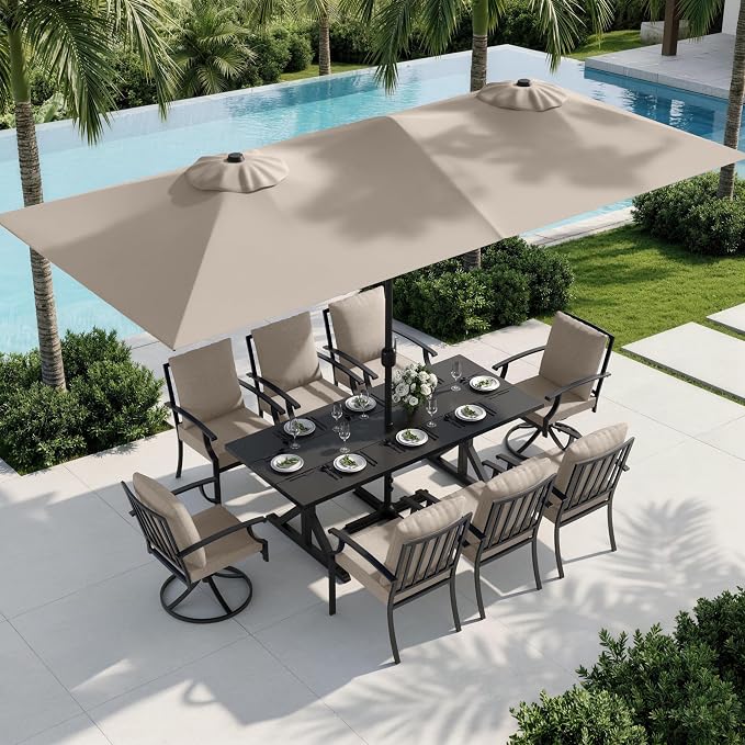 10 Piece Outdoor Dining Set for 8, Patio Table and Chairs Set with Umbrella & Cushions, Patio Furniture Set with 2 Swivel Chairs, Metal Dining Table with Umbrella Hole for Lawn Garden Yard-Sand