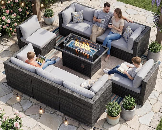 RADIATA 9 Piece Wicker Patio Furniture Set with Fire Pit, All-Weather Outdoor Sectional Couch High Back Large Size, Modular Backyard Seating Sofa Set with Propane/Natural Gas Firepit Table, Light Grey