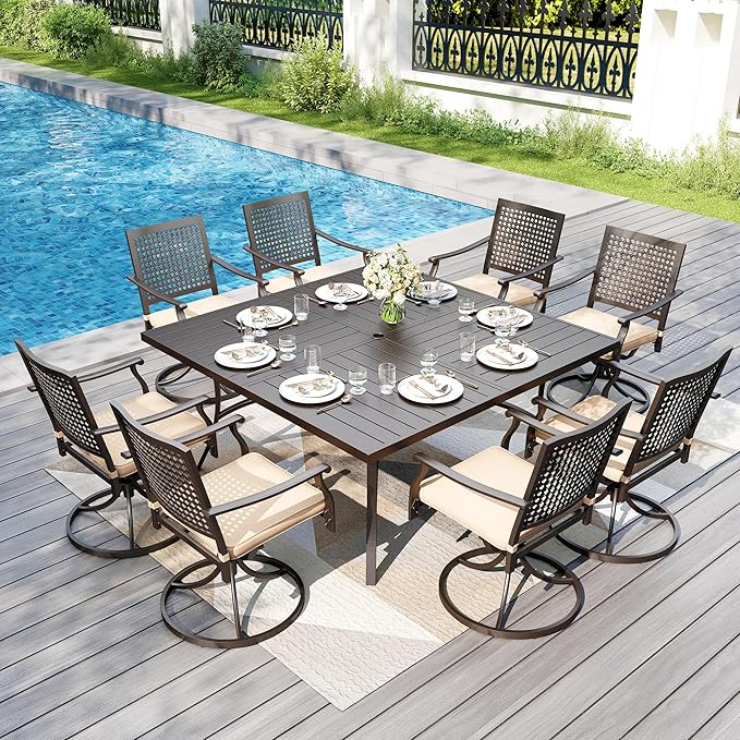 PHI VILLA Outdoor Dining Set for 8, Square Metal Table & Swivel Chairs | 9 pcs 57.5" black wrought iron furniture w/ umbrella hole. All weather for patio, deck, yard, porch