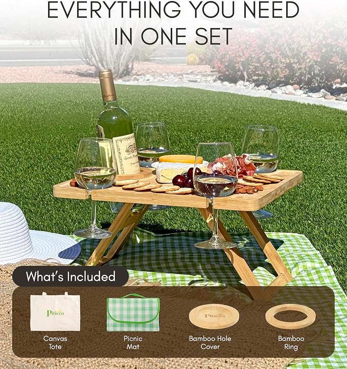 Portable Wine Picnic Table - Foldable Bamboo Snack Tray with Glass & Bottle Holders - Picnic Wine Set for Beach, Camping, Park - Gift for Wine Lovers