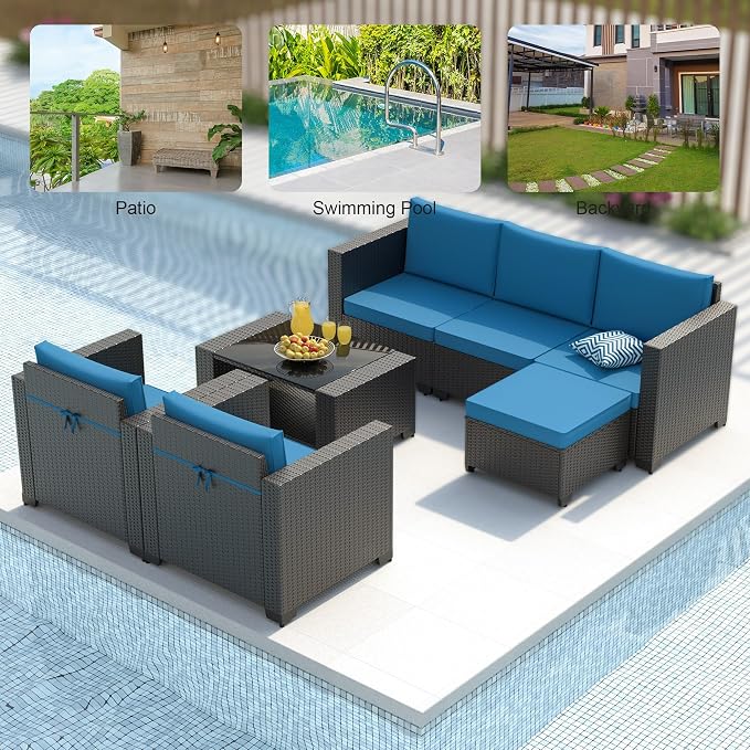 7PCS Patio Furniture Set, Outdoor Furniture All Weather Balcony Furniture with Thick Anti-Slip Cushions & Glass Table PE Rattan Patio Conversation Set for Backyard Garden (Peacock-Blue/XB, 7PCS)