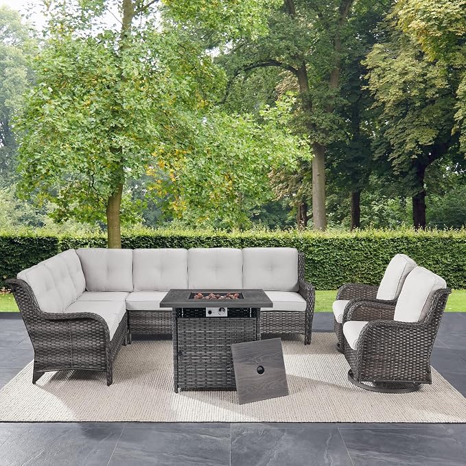 Belord Patio Furniture Set with Fire Pit Table, Outdoor Swivel Rocker Patio Chairs, Oversized Outdoor Sectional Couch, Two 3-Seater Sofas with Coffee Table, Ideal for Porch, Deck, Grey Wicker/Beige